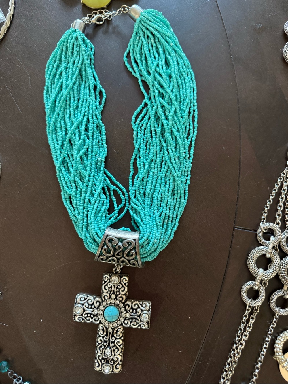 Turquoise Beaded Multi-Strand Necklace with Ornate Cross Pendant
